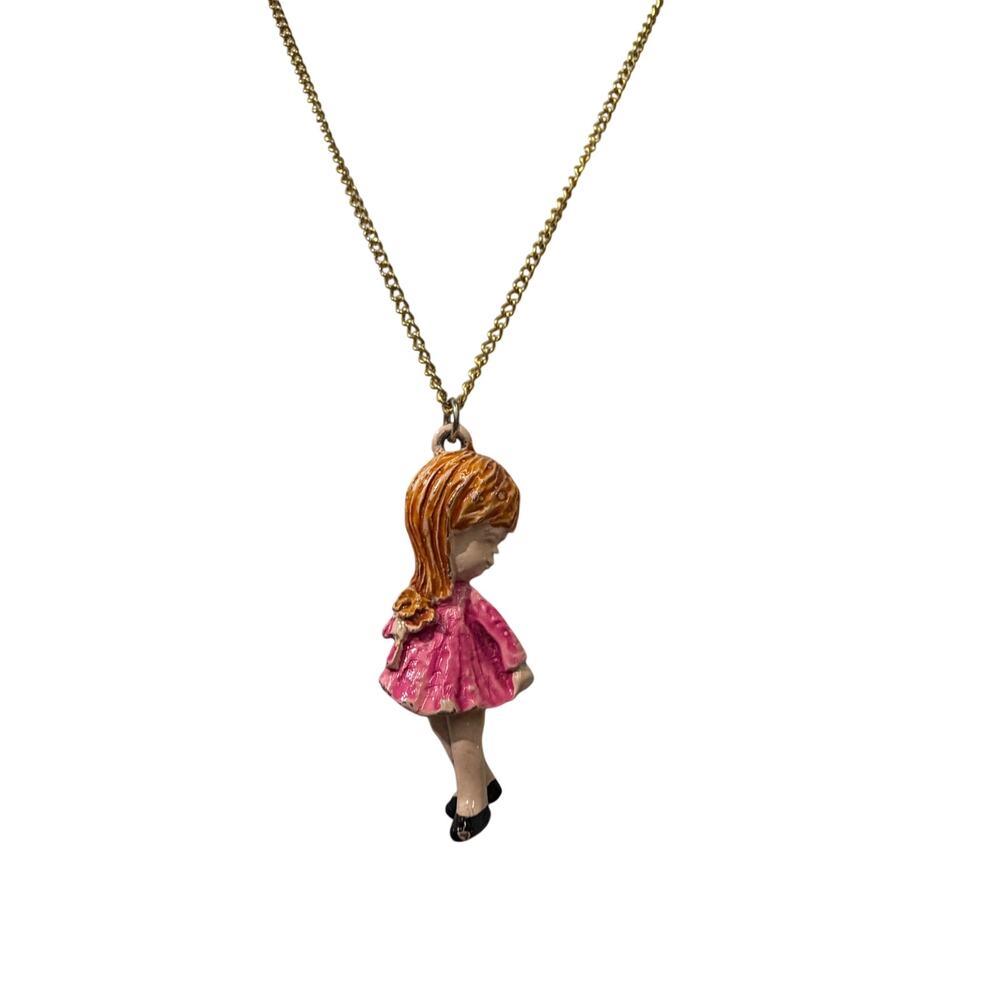 Vintage Figural Girl Pendant Necklace Pink Dress Gold Tone Kitsch Retro Jewelry